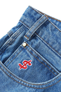 CASH ONLY Logo Denim Shorts in Washed Indigo